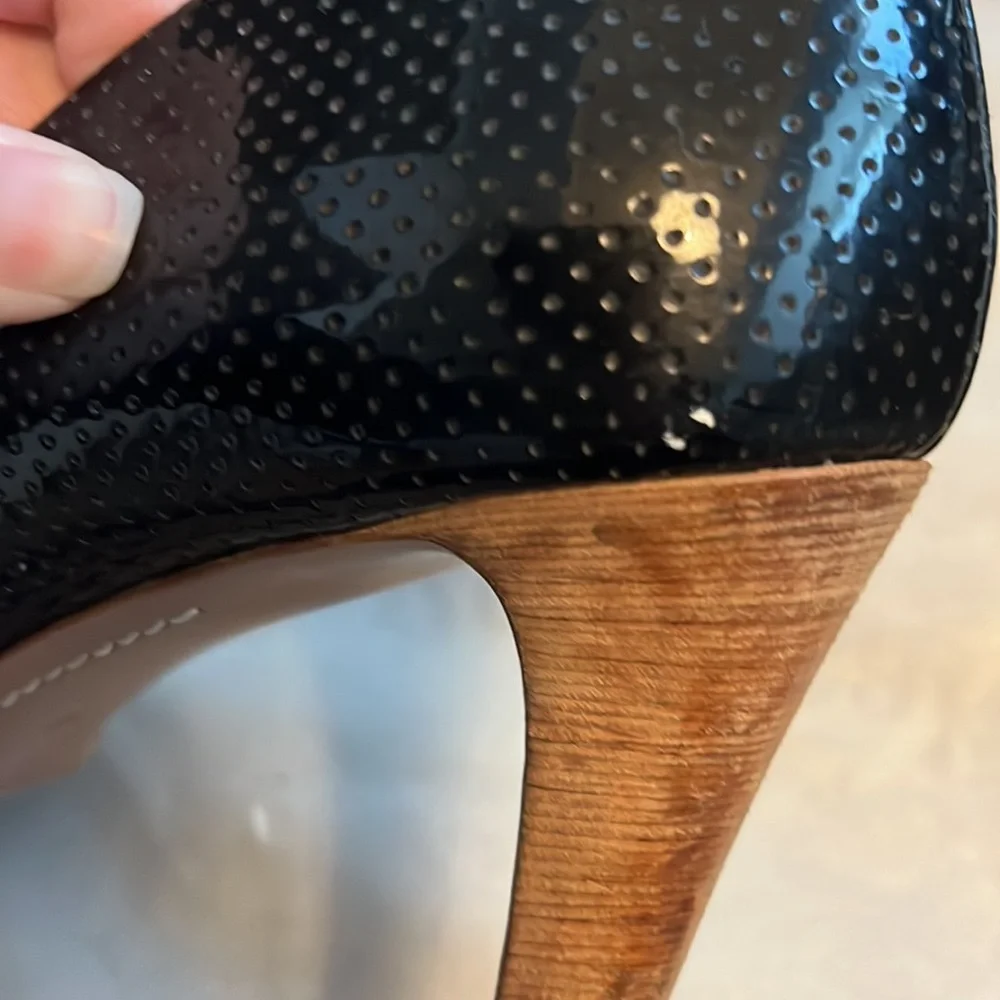 Prada Black Perforated Leather Bow Wooden Heels 38 - Picture 9 of 10